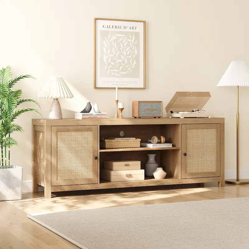 Meuble TV en rotin pour téléviseur de 65 pouces, meuble de divertissement bohème avec rangements et portes - 65 pouces
