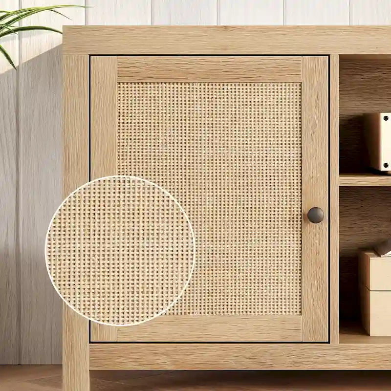 Meuble TV en rotin pour téléviseur de 65 pouces, meuble de divertissement bohème avec rangements et portes - 65 pouces