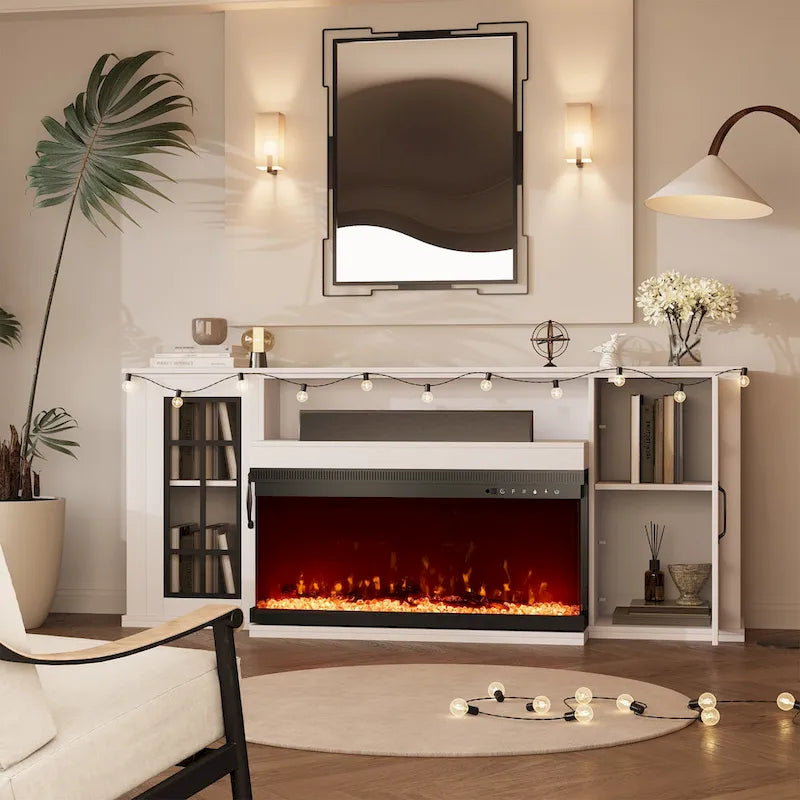 70 Fireplace TV Stand with 3-Sided Glass, ETL Certified, 12 Flame Colors, Realistic Ember Bed, Accommodates TVs up to 80