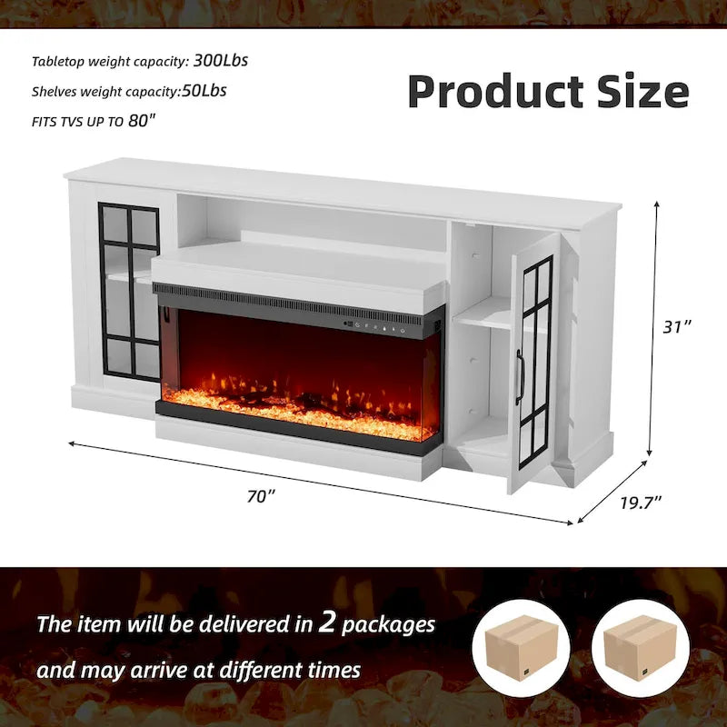 70 Fireplace TV Stand with 3-Sided Glass, ETL Certified, 12 Flame Colors, Realistic Ember Bed, Accommodates TVs up to 80