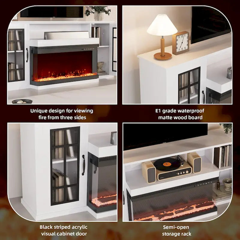 70 Fireplace TV Stand with 3-Sided Glass, ETL Certified, 12 Flame Colors, Realistic Ember Bed, Accommodates TVs up to 80