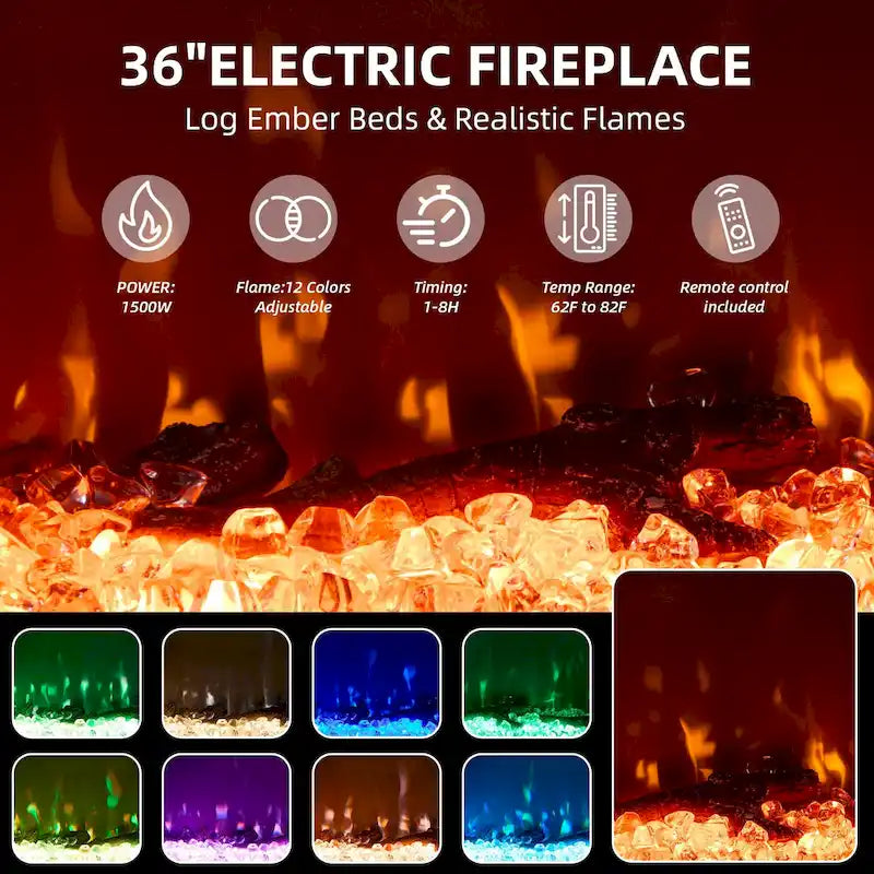70 Fireplace TV Stand with 3-Sided Glass, ETL Certified, 12 Flame Colors, Realistic Ember Bed, Accommodates TVs up to 80