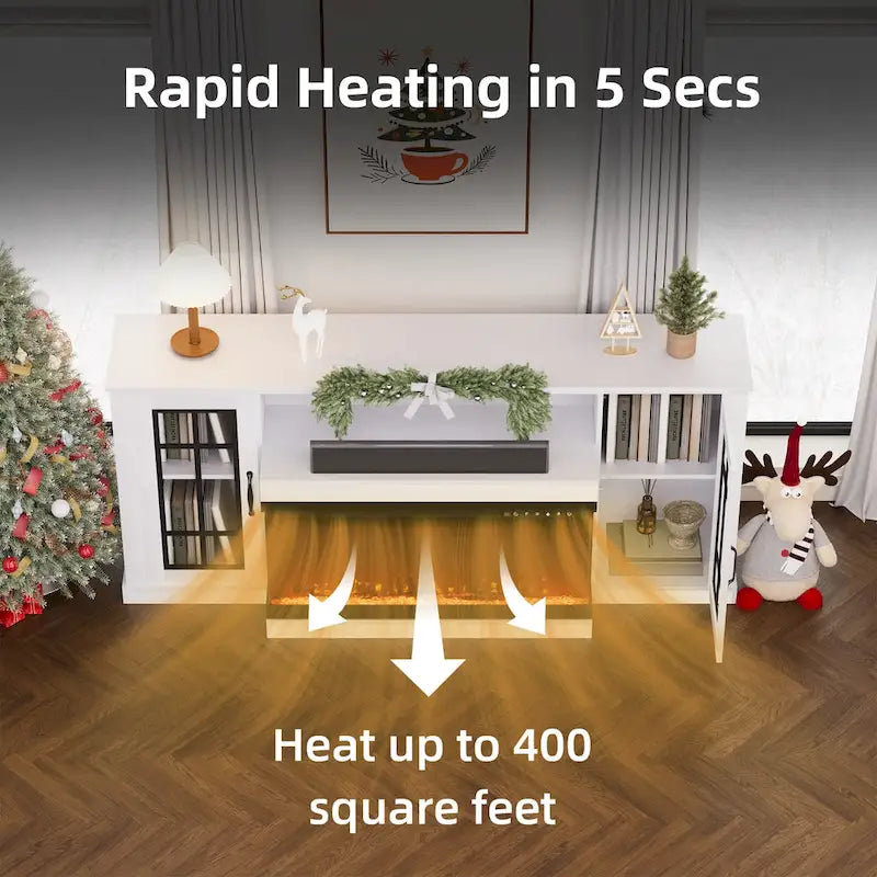 70 Fireplace TV Stand with 3-Sided Glass, ETL Certified, 12 Flame Colors, Realistic Ember Bed, Accommodates TVs up to 80