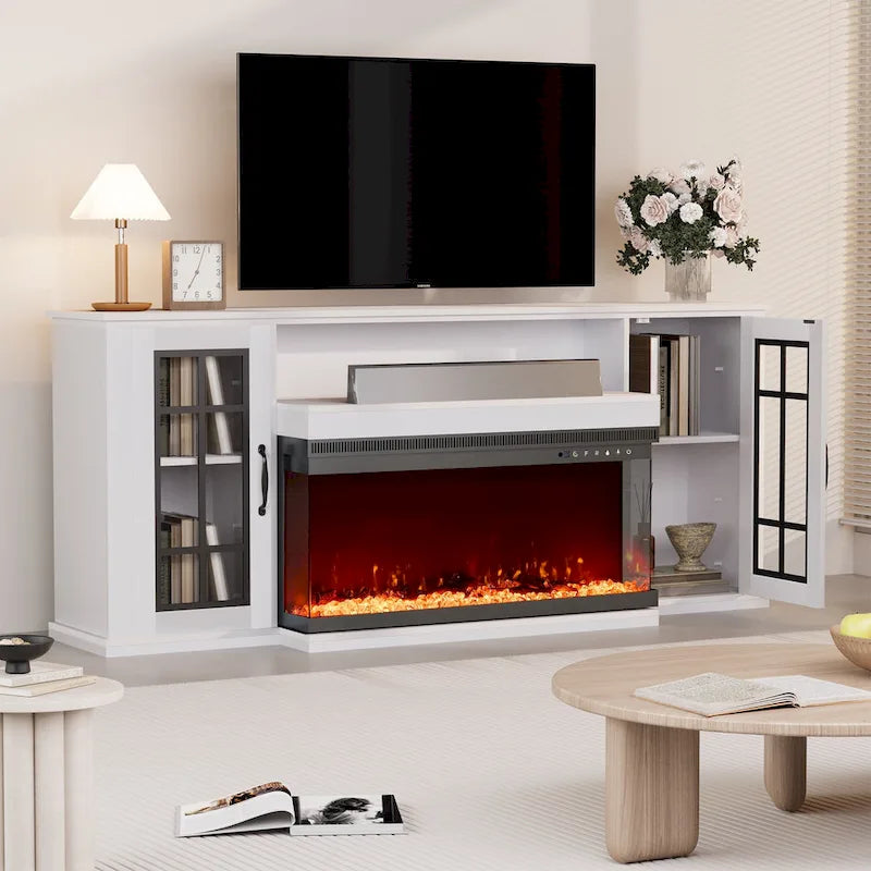 70 Fireplace TV Stand with 3-Sided Glass, ETL Certified, 12 Flame Colors, Realistic Ember Bed, Accommodates TVs up to 80