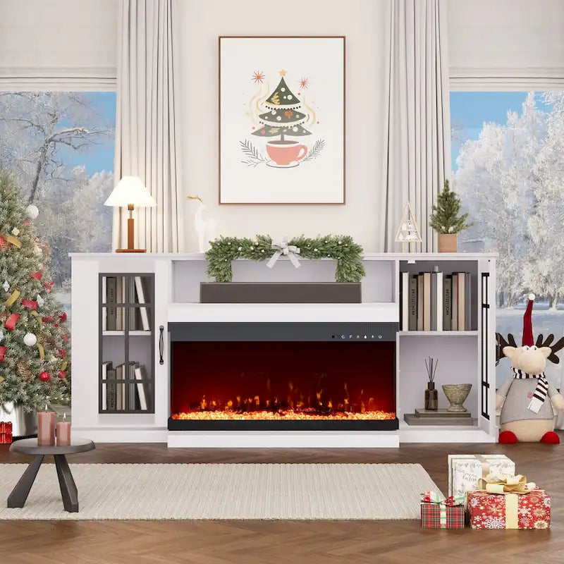 70 Fireplace TV Stand with 3-Sided Glass, ETL Certified, 12 Flame Colors, Realistic Ember Bed, Accommodates TVs up to 80