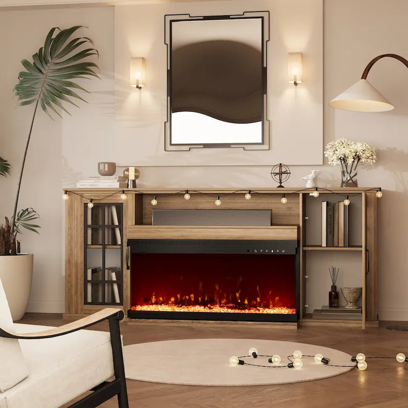 70 Fireplace TV Stand with 3-Sided Glass, ETL Certified, 12 Flame Colors, Realistic Ember Bed, Accommodates TVs up to 80