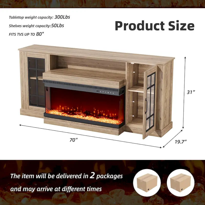 70 Fireplace TV Stand with 3-Sided Glass, ETL Certified, 12 Flame Colors, Realistic Ember Bed, Accommodates TVs up to 80