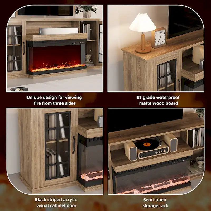 70 Fireplace TV Stand with 3-Sided Glass, ETL Certified, 12 Flame Colors, Realistic Ember Bed, Accommodates TVs up to 80