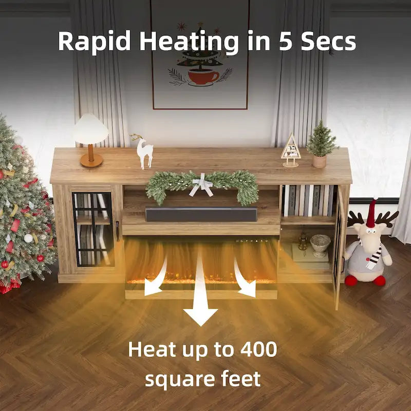 70 Fireplace TV Stand with 3-Sided Glass, ETL Certified, 12 Flame Colors, Realistic Ember Bed, Accommodates TVs up to 80