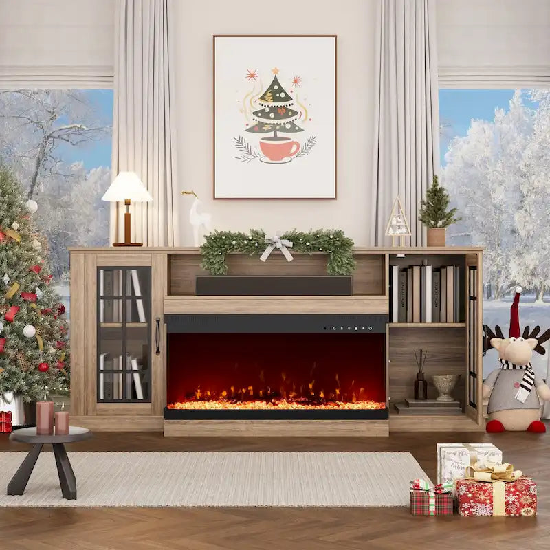 70 Fireplace TV Stand with 3-Sided Glass, ETL Certified, 12 Flame Colors, Realistic Ember Bed, Accommodates TVs up to 80