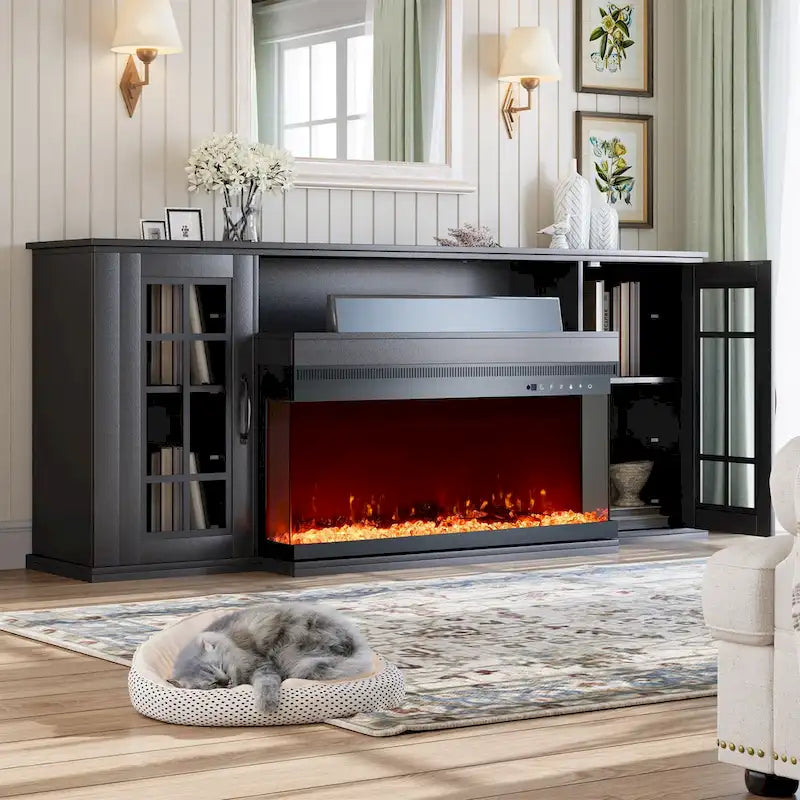 70 Fireplace TV Stand with 3-Sided Glass, ETL Certified, 12 Flame Colors, Realistic Ember Bed, Accommodates TVs up to 80