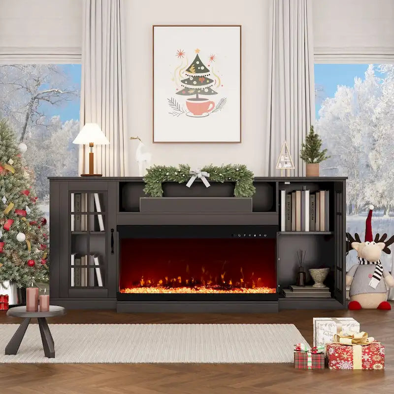 70 Fireplace TV Stand with 3-Sided Glass, ETL Certified, 12 Flame Colors, Realistic Ember Bed, Accommodates TVs up to 80