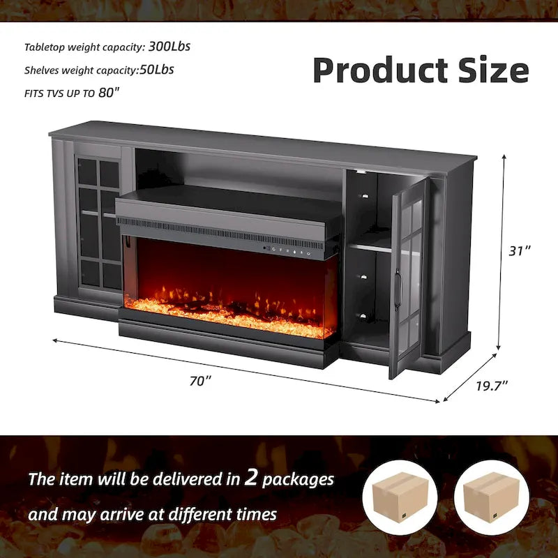 70 Fireplace TV Stand with 3-Sided Glass, ETL Certified, 12 Flame Colors, Realistic Ember Bed, Accommodates TVs up to 80