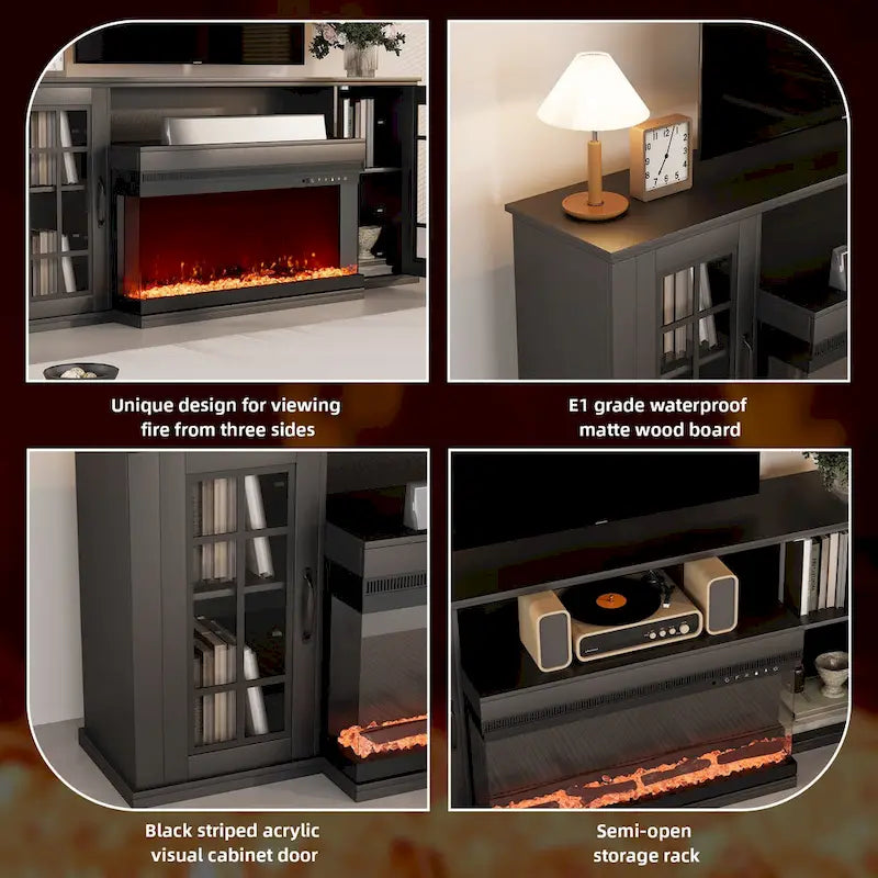 70 Fireplace TV Stand with 3-Sided Glass, ETL Certified, 12 Flame Colors, Realistic Ember Bed, Accommodates TVs up to 80