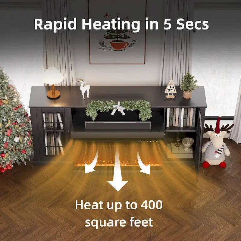 70 Fireplace TV Stand with 3-Sided Glass, ETL Certified, 12 Flame Colors, Realistic Ember Bed, Accommodates TVs up to 80