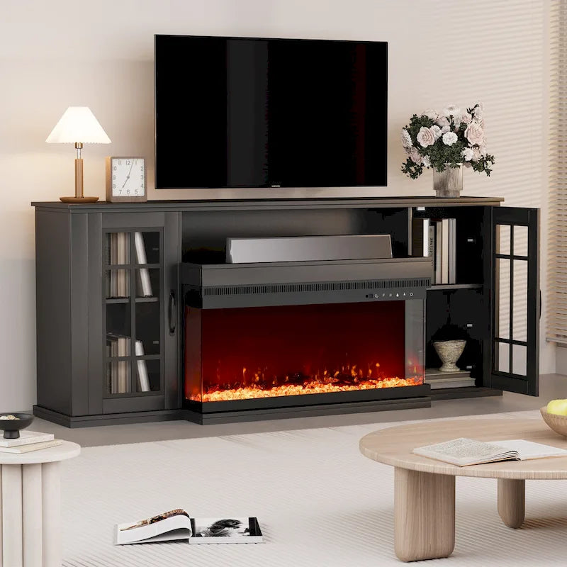 70 Fireplace TV Stand with 3-Sided Glass, ETL Certified, 12 Flame Colors, Realistic Ember Bed, Accommodates TVs up to 80