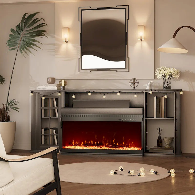 70 Fireplace TV Stand with 3-Sided Glass, ETL Certified, 12 Flame Colors, Realistic Ember Bed, Accommodates TVs up to 80