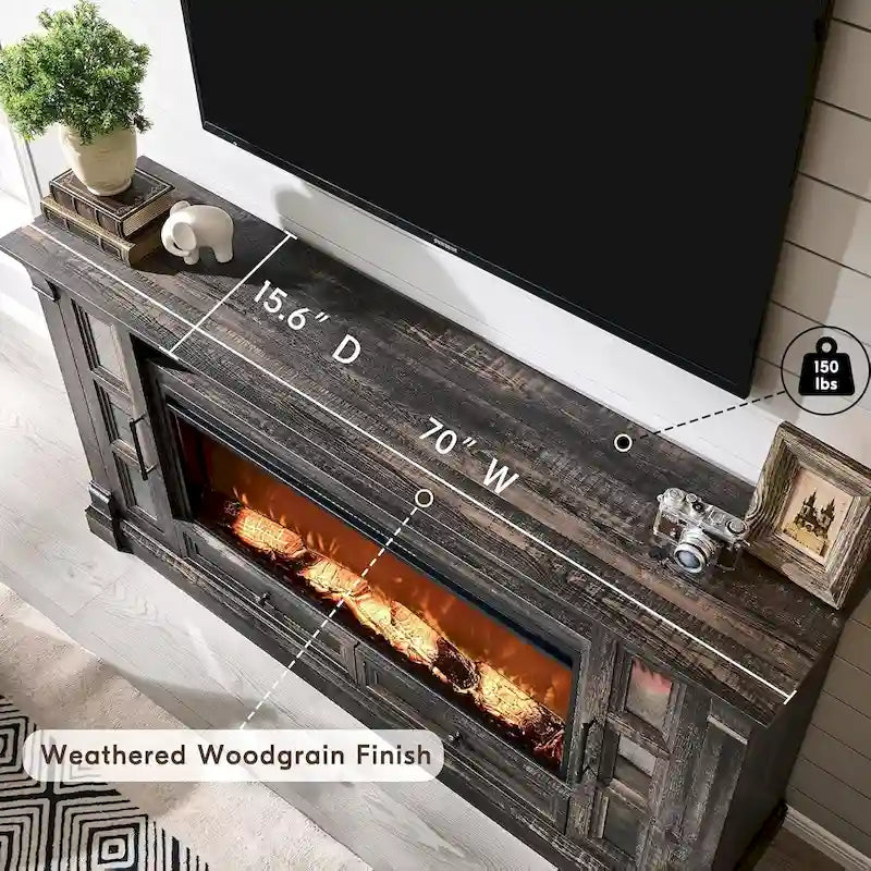 Meuble TV de cheminée de ferme pour téléviseur jusqu'à 80 pouces, centre de divertissement
