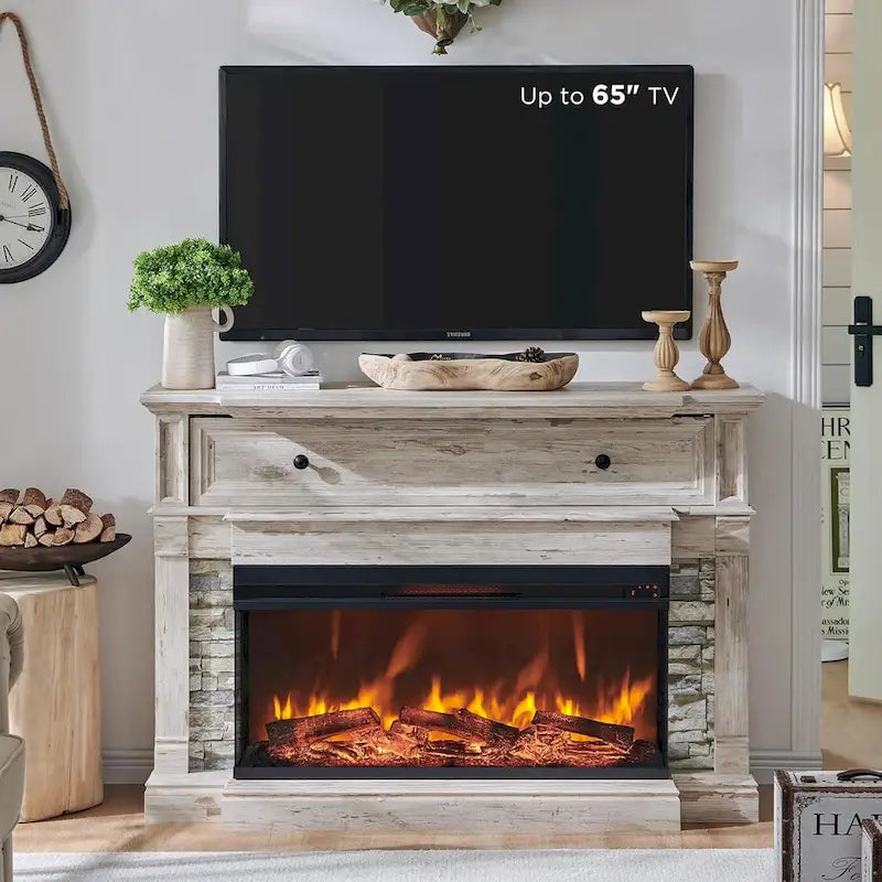 Meuble TV de ferme avec foyer en verre à 3 côtés, centre de divertissement