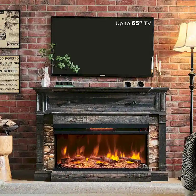 Meuble TV de ferme avec foyer en verre à 3 côtés, centre de divertissement