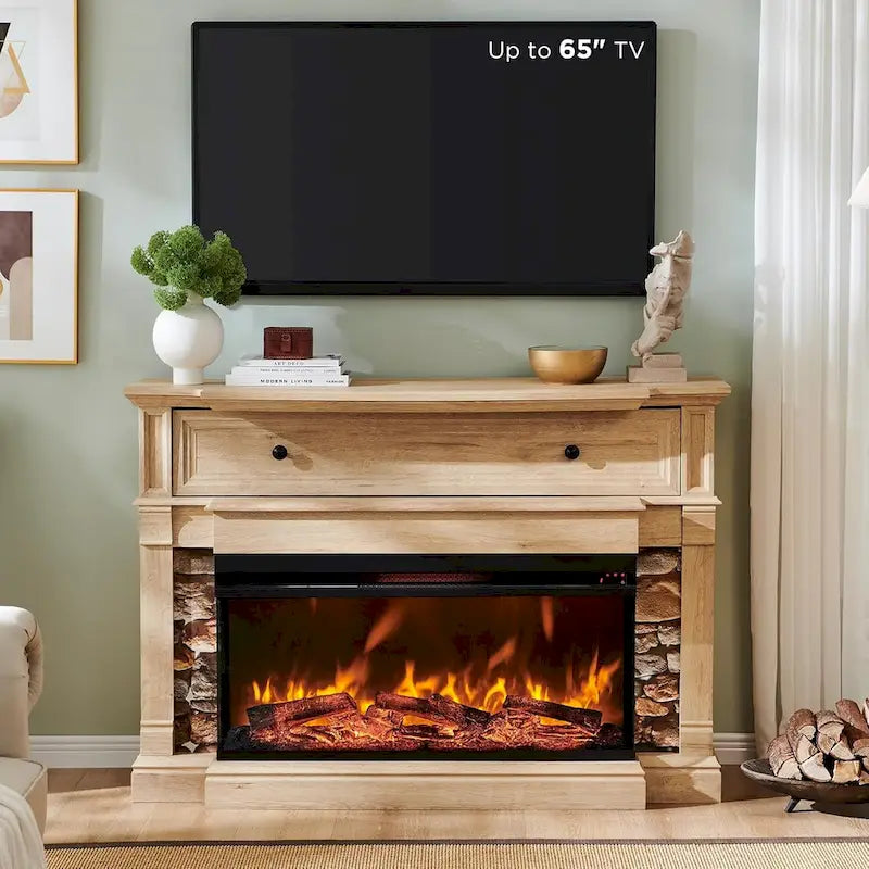 Meuble TV de ferme avec foyer en verre à 3 côtés, centre de divertissement