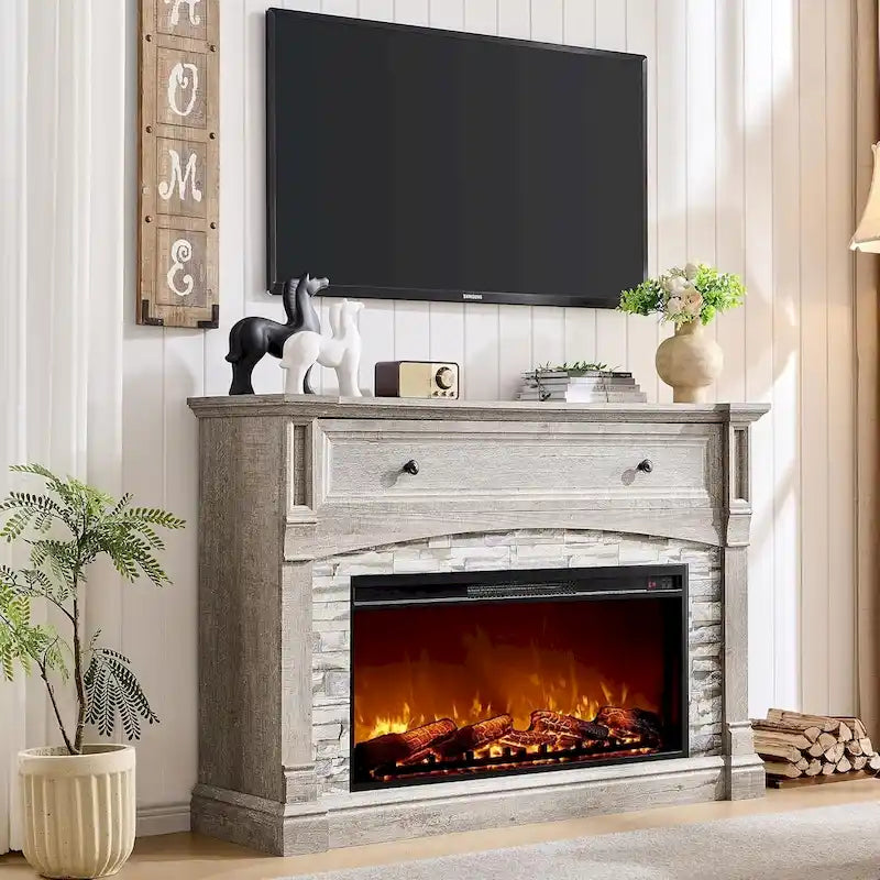 Meuble TV de cheminée de ferme avec manteau, Grand centre de divertissement