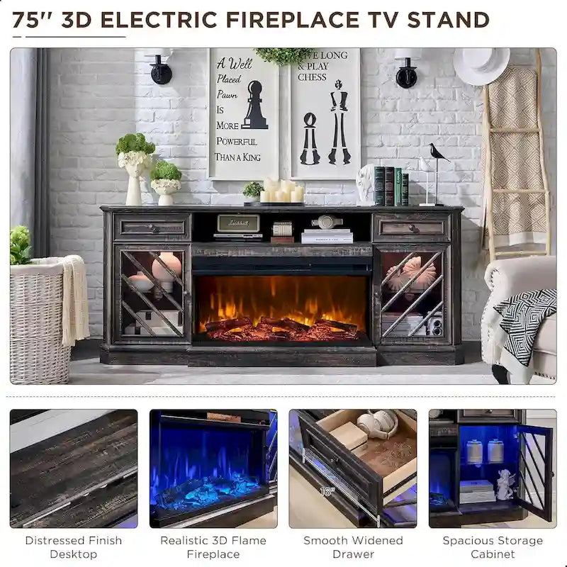 Meuble TV de ferme avec foyer 3 faces, meuble de divertissement