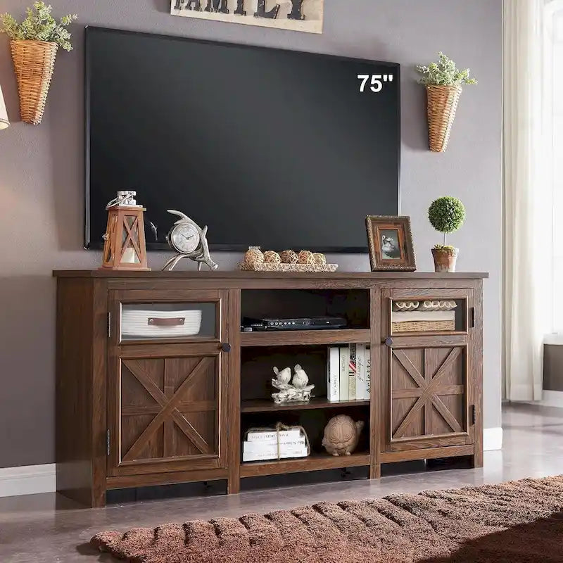 Meuble TV de ferme pour téléviseur de 75 pouces, meuble de divertissement moderne