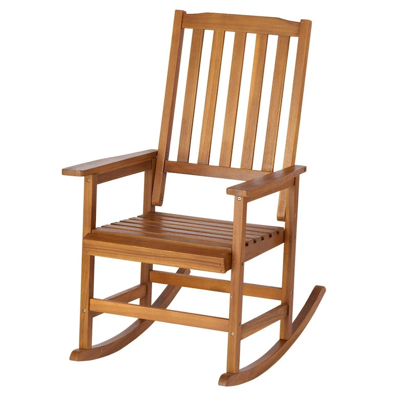 Fauteuil à bascule en bois d'acacia de style rustique, mobilier de patio en bois massif intérieur/extérieur avec design ergonomique et finition résistante aux intempéries