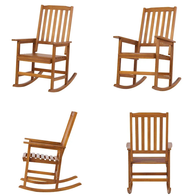 Fauteuil à bascule en bois d'acacia de style rustique, mobilier de patio en bois massif intérieur/extérieur avec design ergonomique et finition résistante aux intempéries