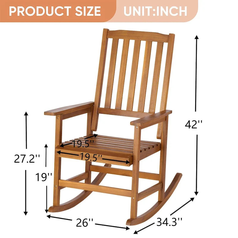 Fauteuil à bascule en bois d'acacia de style rustique, mobilier de patio en bois massif intérieur/extérieur avec design ergonomique et finition résistante aux intempéries