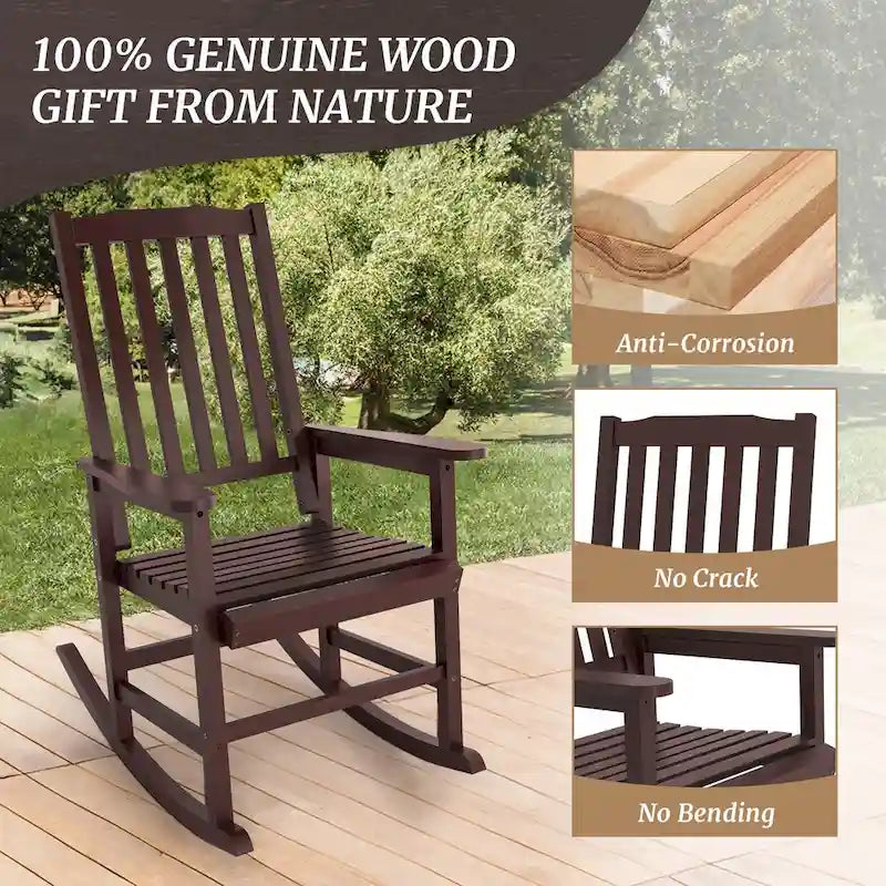 Fauteuil à bascule en bois d'acacia de style rustique, mobilier de patio en bois massif intérieur/extérieur avec design ergonomique et finition résistante aux intempéries