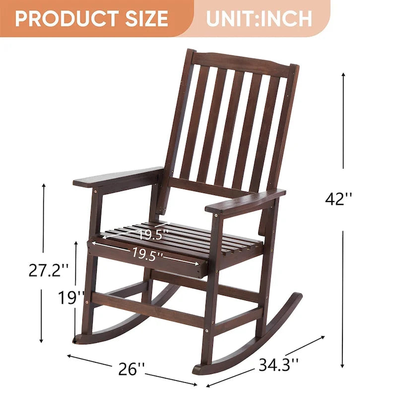 Fauteuil à bascule en bois d'acacia de style rustique, mobilier de patio en bois massif intérieur/extérieur avec design ergonomique et finition résistante aux intempéries