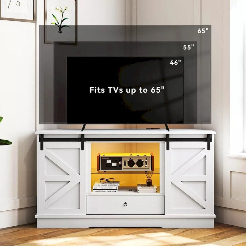 Meuble TV d'angle pour téléviseur de 65 pouces avec porte coulissante de style grange - 58 pouces