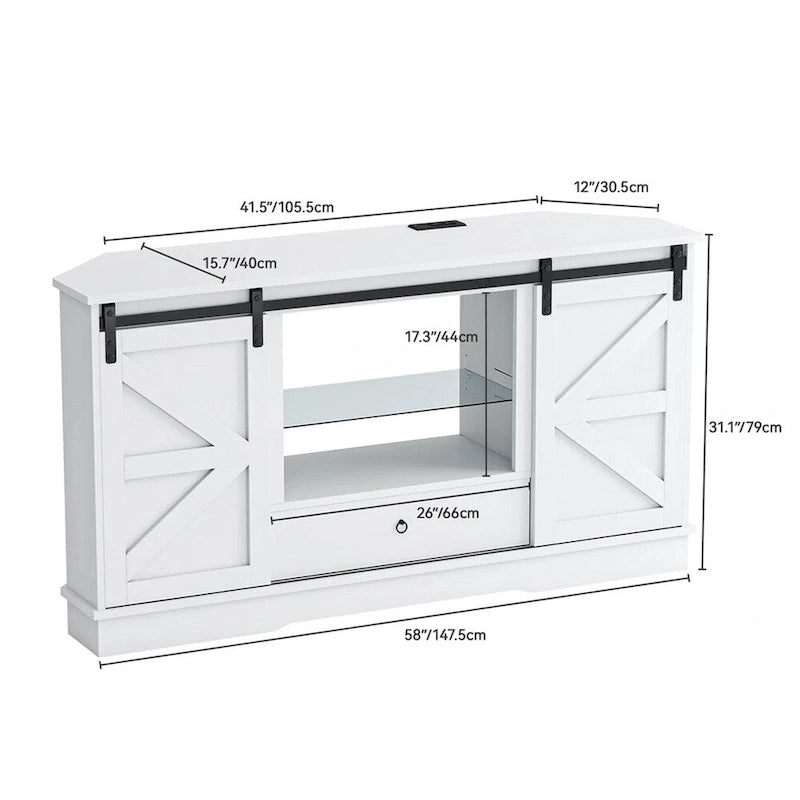 Meuble TV d'angle pour téléviseur de 65 pouces avec porte coulissante de style grange - 58 pouces