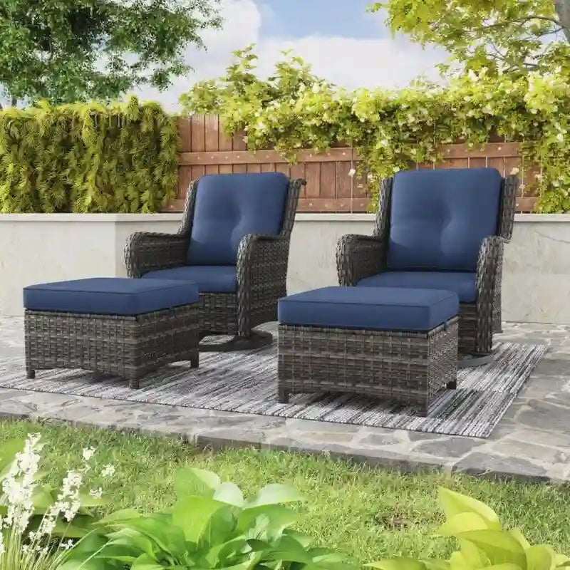 5-Piece Wicker Patio Set  Includes 2 Swivel Rocking Chairs, 2 Ottomans & 1 Side Table  Rattan Outdoor Sectional For Porch.