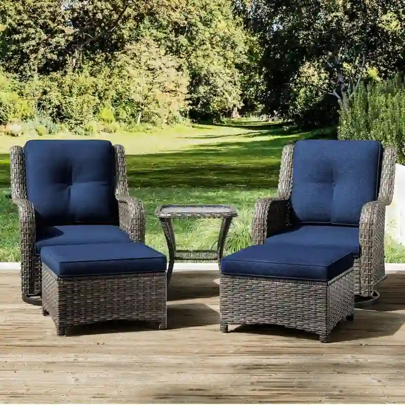Ensemble de patio en osier 5 pièces Comprenant 2 fauteuils pivotants à bascule, 2 poufs et 1 table d'appoint Sectionnel d'extérieur en rotin Pour porche.