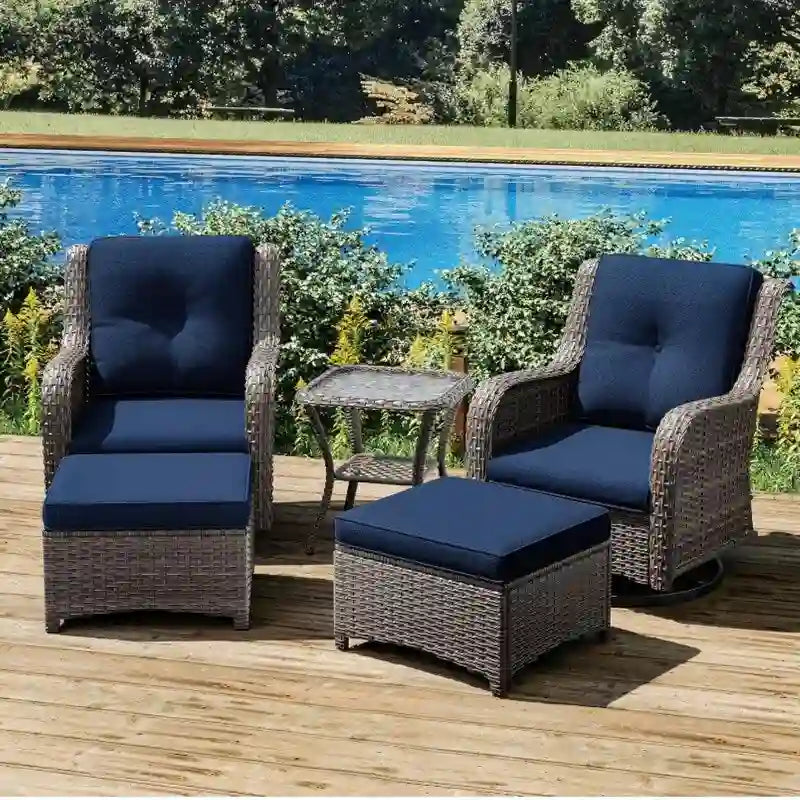 Ensemble de patio en osier 5 pièces Comprenant 2 fauteuils pivotants à bascule, 2 poufs et 1 table d'appoint Sectionnel d'extérieur en rotin Pour porche.