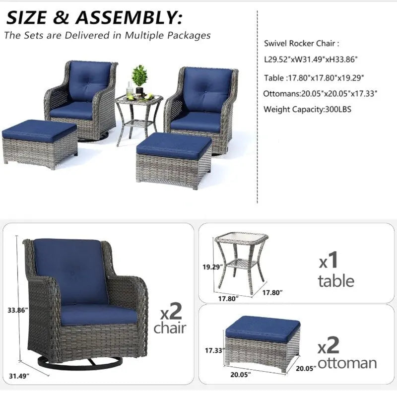 Ensemble de patio en osier 5 pièces Comprenant 2 fauteuils pivotants à bascule, 2 poufs et 1 table d'appoint Sectionnel d'extérieur en rotin Pour porche.