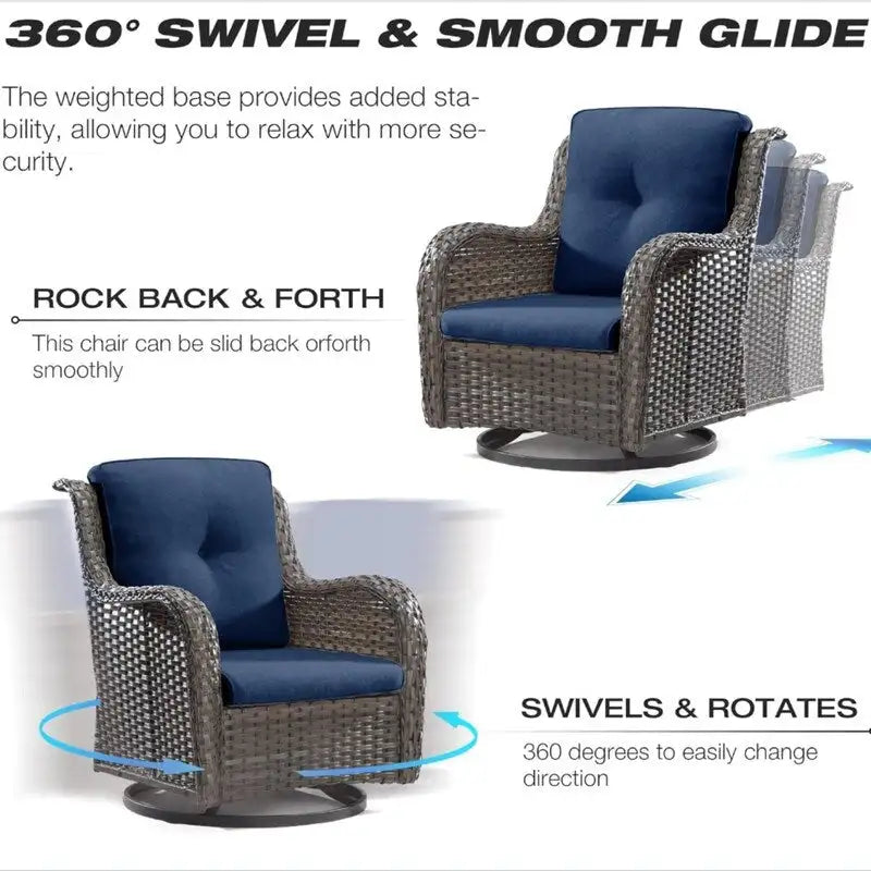 Ensemble de patio en osier 5 pièces Comprenant 2 fauteuils pivotants à bascule, 2 poufs et 1 table d'appoint Sectionnel d'extérieur en rotin Pour porche.