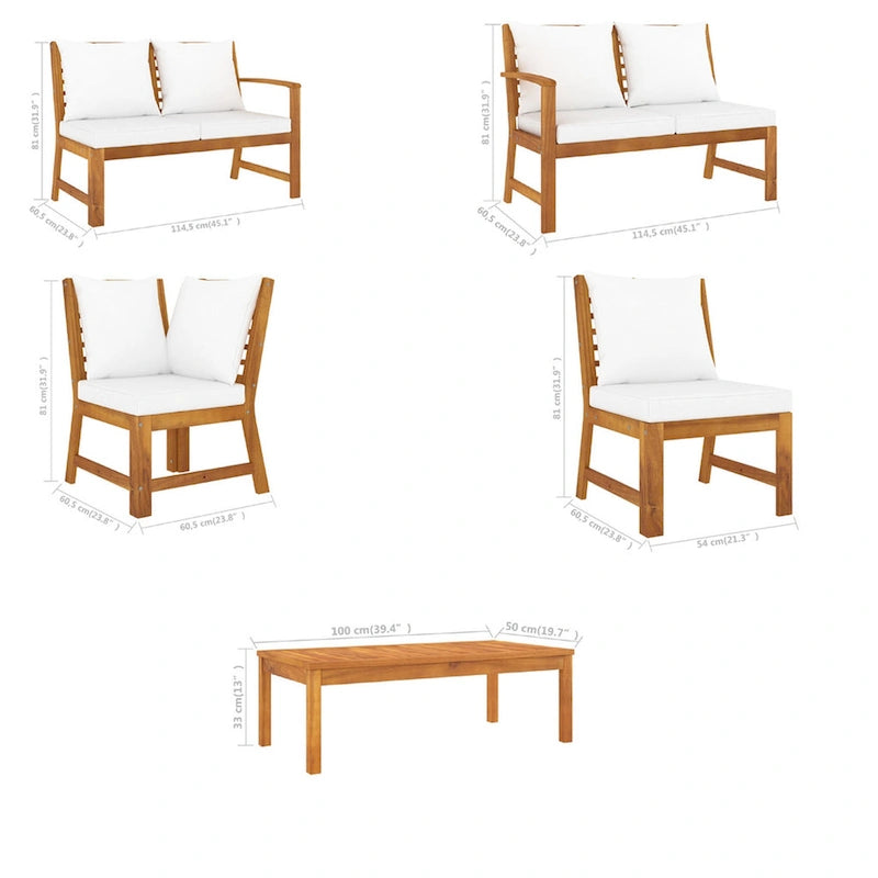 Ensemble canapé modulable et table de jardin Roma 6 pièces, tissu blanc, bois marron