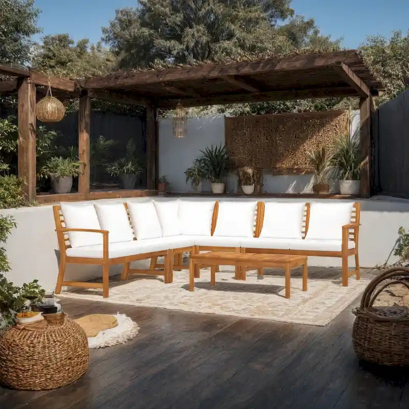 Ensemble canapé modulable et table de jardin Roma 6 pièces, tissu blanc, bois marron