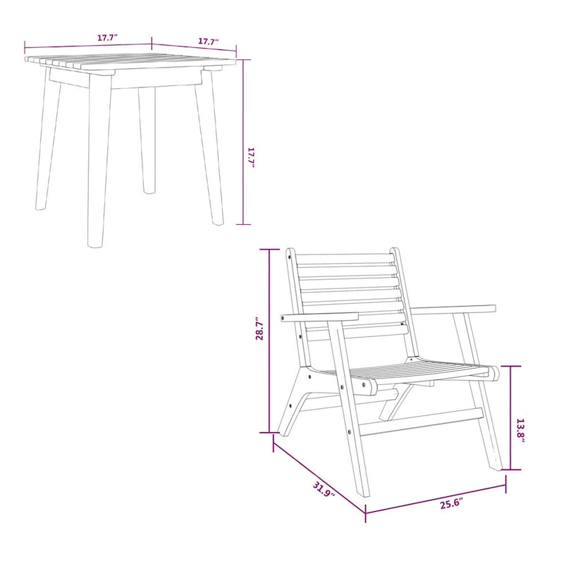 Ensemble table de thé de jardin 3 pièces, 2 chaises, en bois d'acacia massif marron à lattes