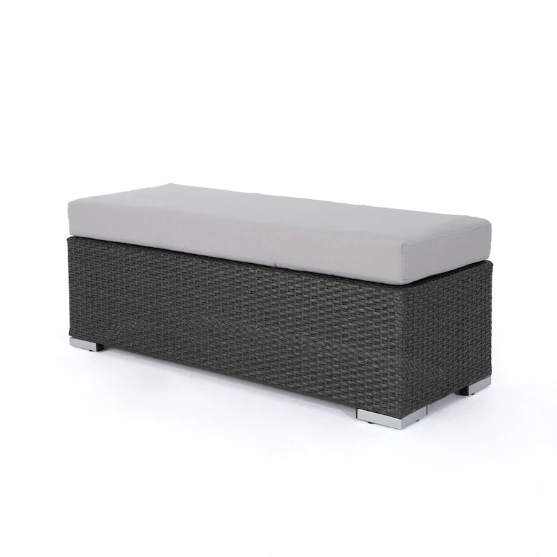 Sanie Outdoor Bench, 47 Inch, Gray Resin Wicker Weave, Silver Polyester