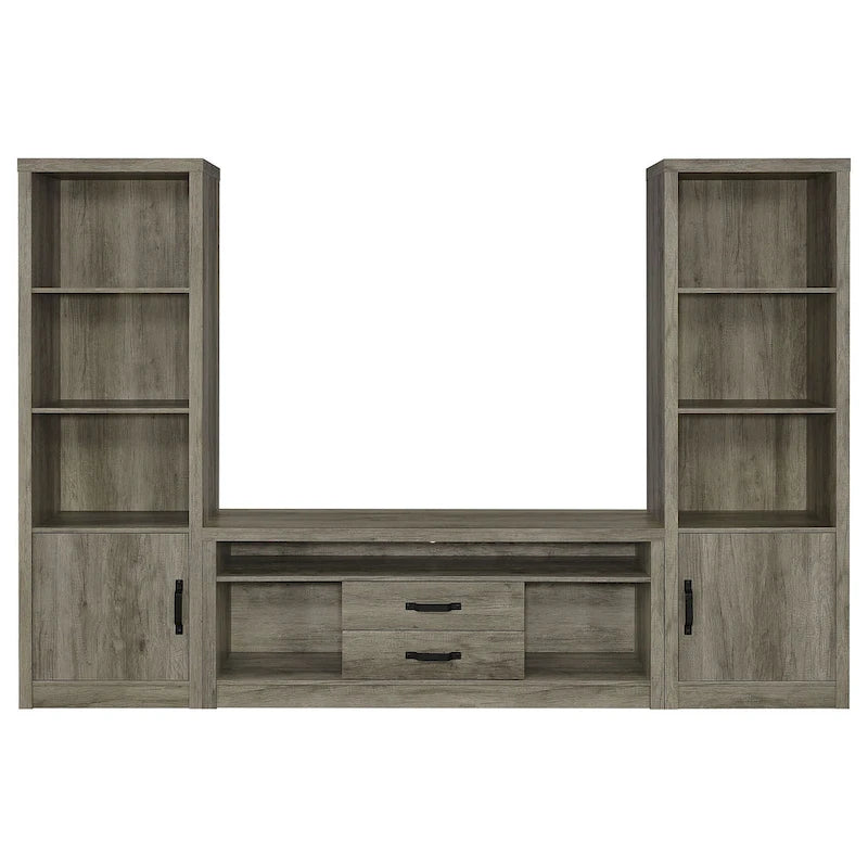 Meuble console TV avec 2 tours de rangement multimédia, 8 compartiments, gris bois flotté