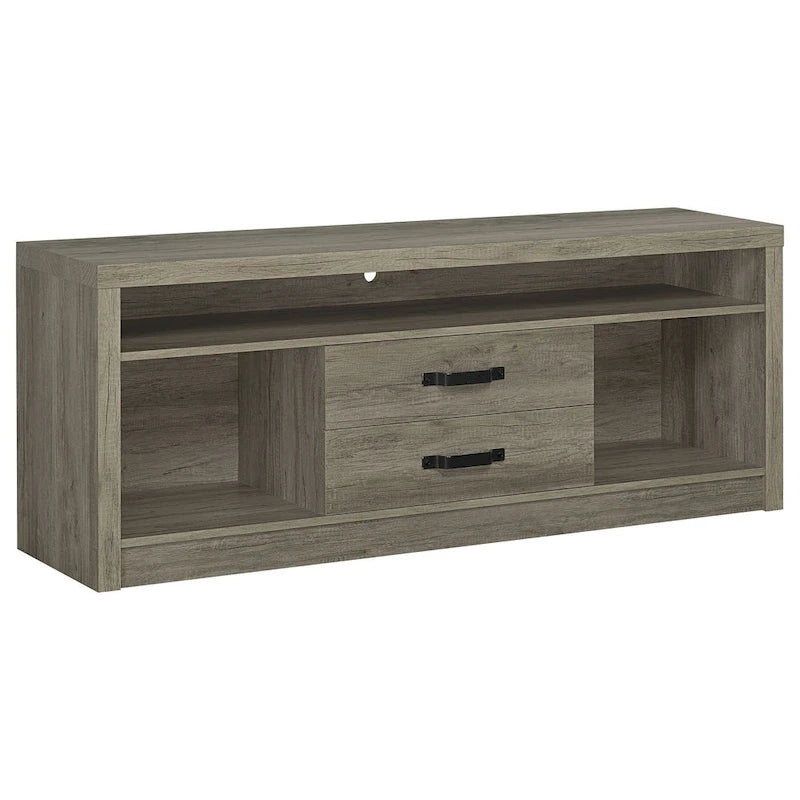 Meuble console TV avec 2 tours de rangement multimédia, 8 compartiments, gris bois flotté