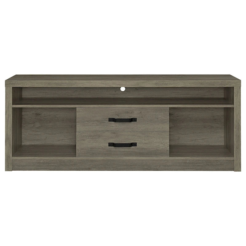 Meuble console TV avec 2 tours de rangement multimédia, 8 compartiments, gris bois flotté
