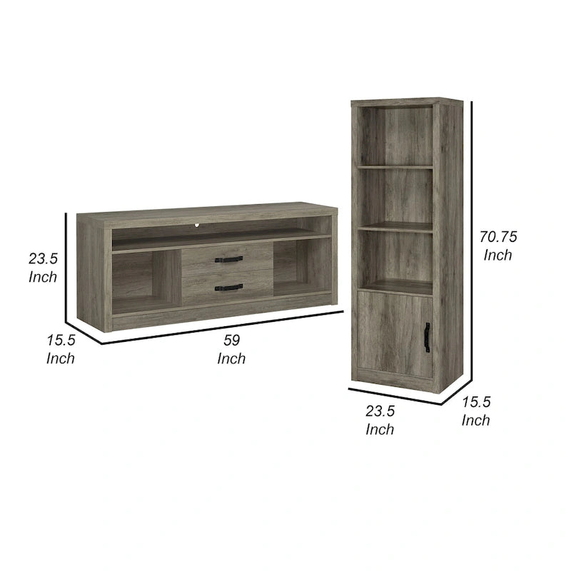 Meuble console TV avec 2 tours de rangement multimédia, 8 compartiments, gris bois flotté