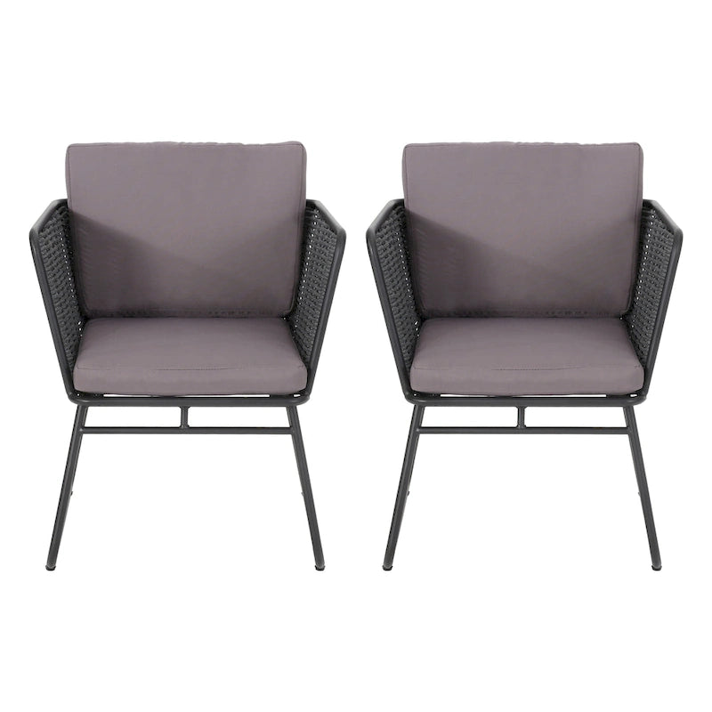 Outdoor Accent Chair Set of 2, Woven Rope, Black Metal and Gray Olefin