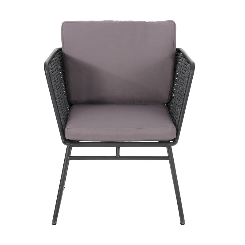 Lot de 2 fauteuils d'extérieur, corde tressée, métal noir et oléfine grise